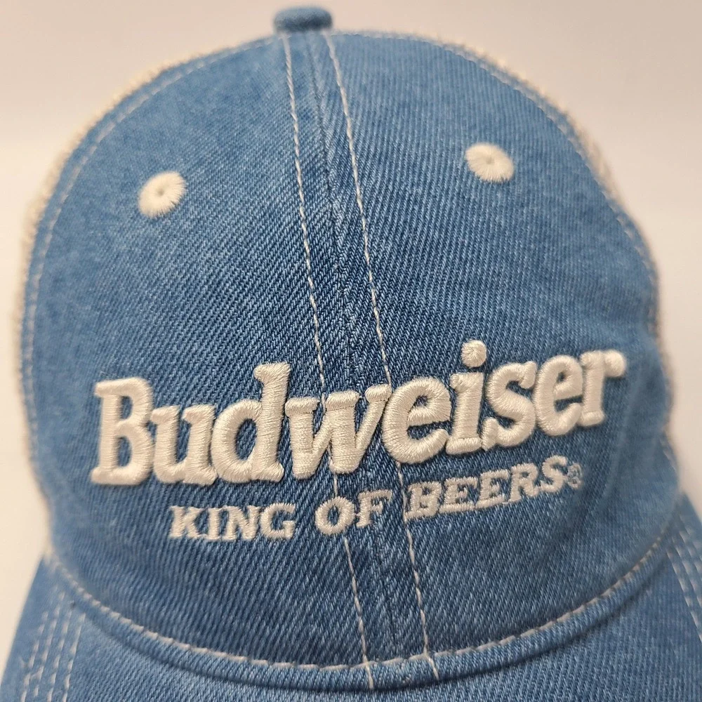 Budweiser Hat Strapback American Eagle Trucker Mesh Blue Beige Distressed Denim